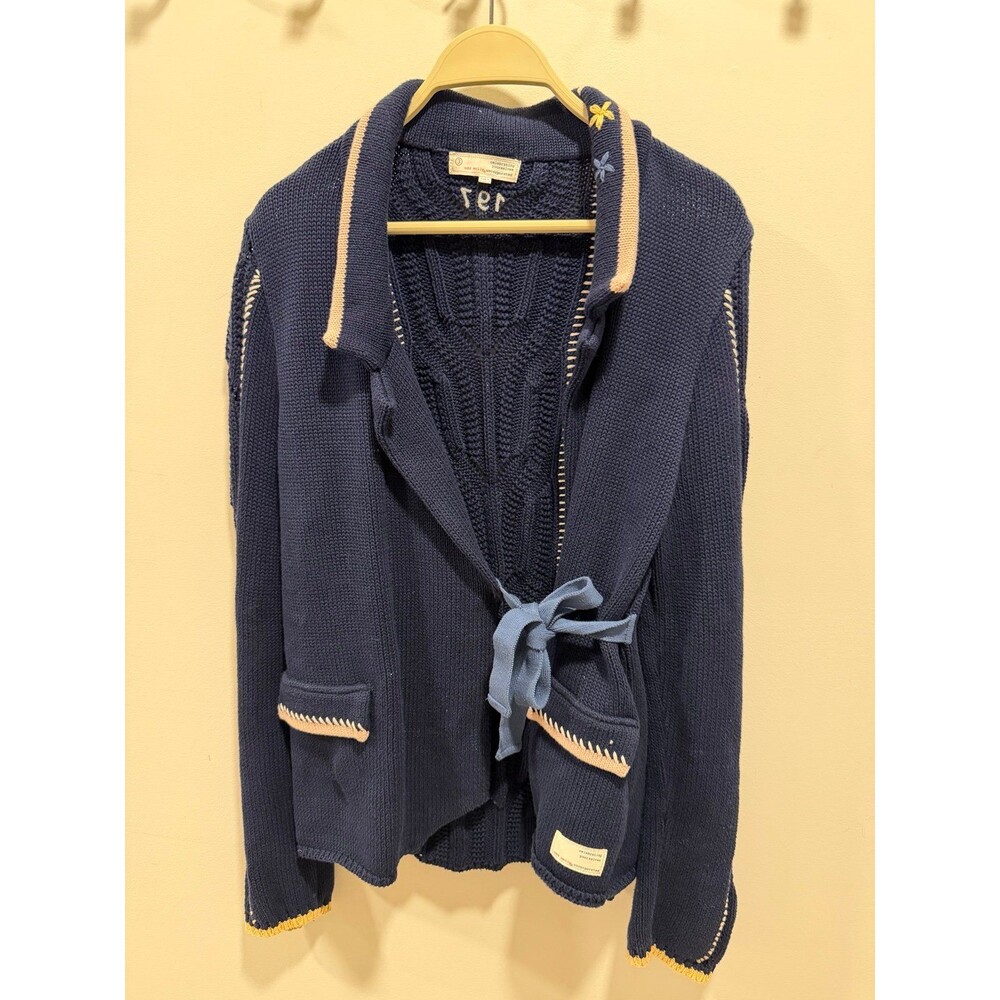 Odd Molly Size 3 Navy Chunky Knit Tie Front Cardigan Sweater Embroidered Boho